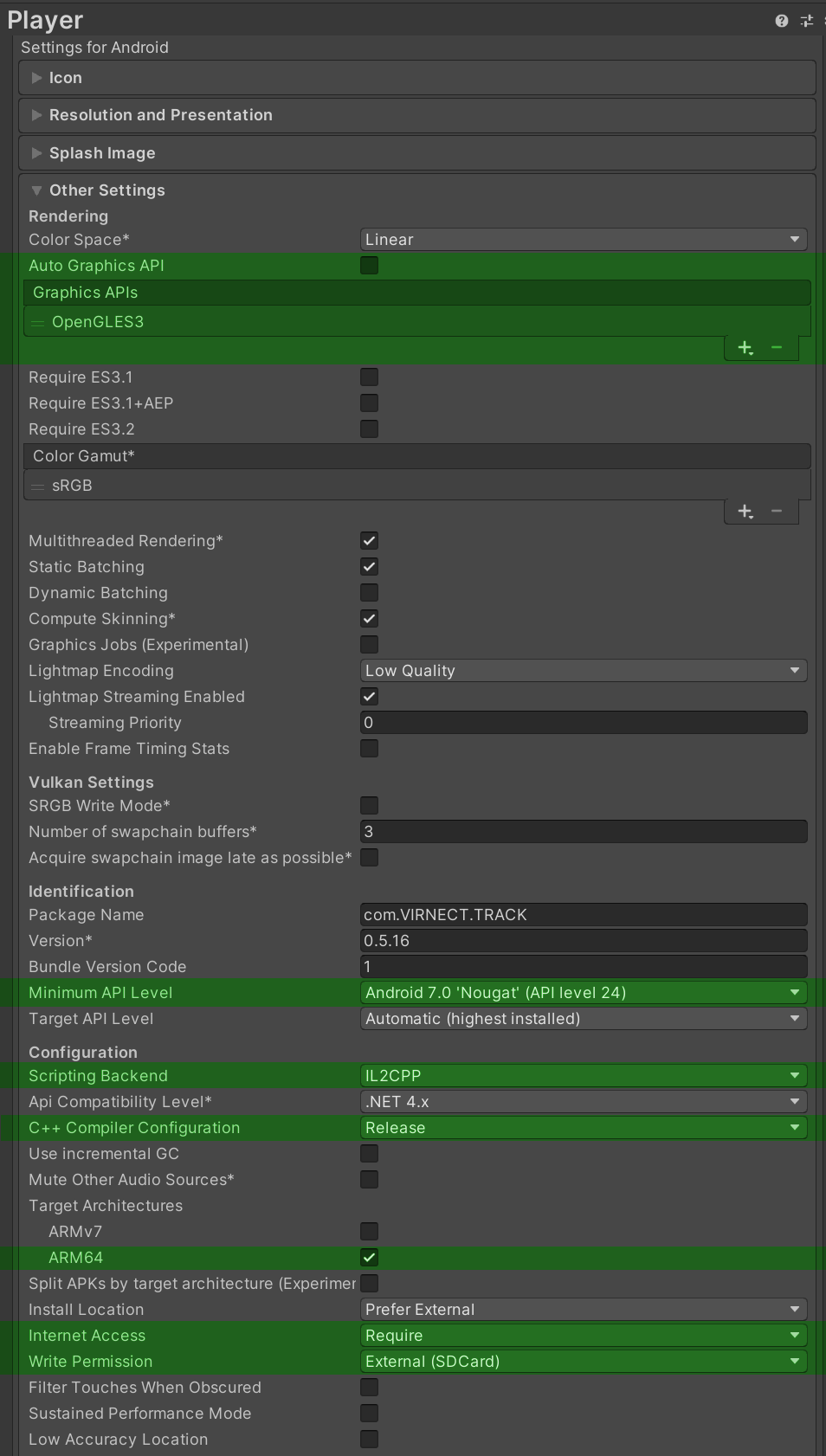 Unity Android Settings